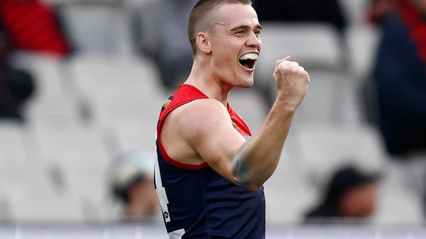 Trent Rivers celebrates a goal during round 14, 2026. Picture: AFL Photos