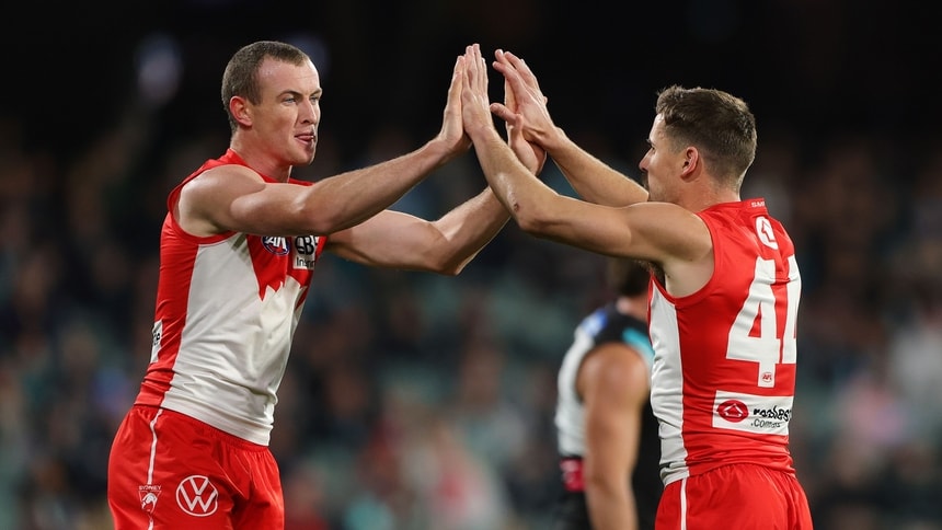 Chad Warner and Jake Lloyd celebrate a goal during Sydney's clash against Port Adelaide in round 14, 2026. Picture: AFL Photos
