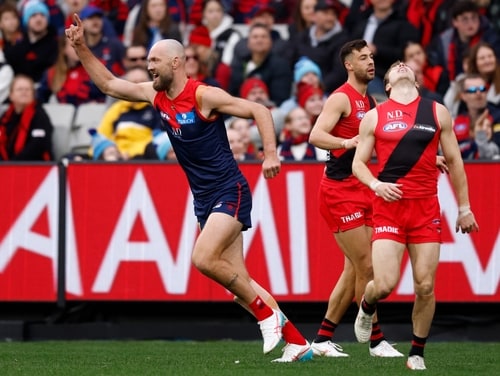 Max Gawn celebrates a goal for Melbourne against Essendon at the MCG