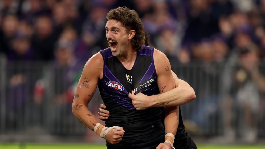 Luke Jackson celebrates a goal during the round 15 match between Fremantle and Geelong at Optus Stadium, on June 18, 2026. Picture: AFL Photos