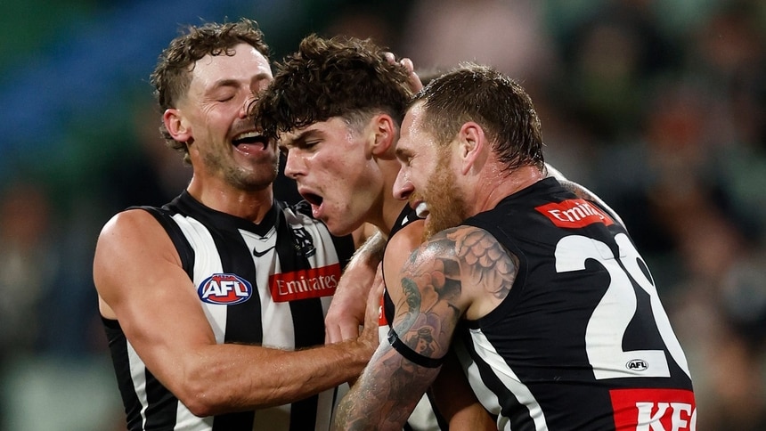 Sam Swadling celebrates during the round 15 match between Collingwood and Port Adelaide at the MCG, June 20, 2026. Picture: AFL Photos