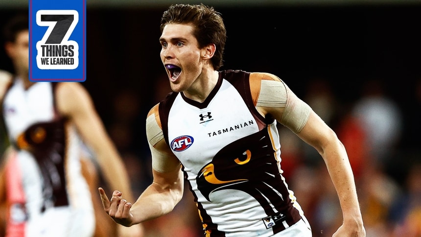 Will Day celebrates a goal for Hawthorn against Gold Coast in R15, 2026. Picture: AFL Photos