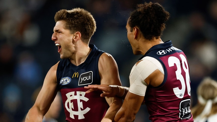 Zac Bailey (left) and Bruce Reville celebrate during the Round 17 match between Geelong and Brisbane at GMHBA Stadium on July 2, 2026. Picture: AFL Photos