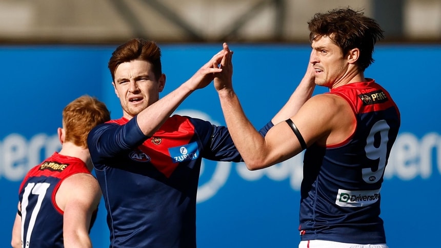 Bayley Fritsch (left) and Jack Steele celebrate a goal during round 17, 2026. Picture: AFL Photos