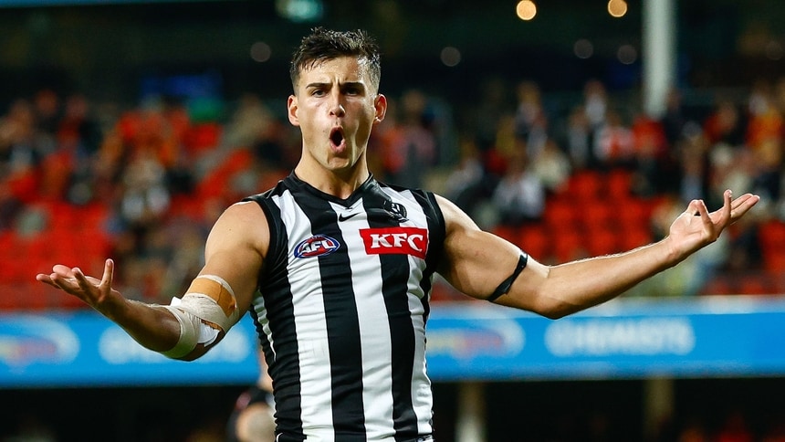 Nick Daicos celebrates a goal during the R17 match between Collingwood and Gold Coast at People First Stadium on July 4, 2026. Picture: AFL Photos
