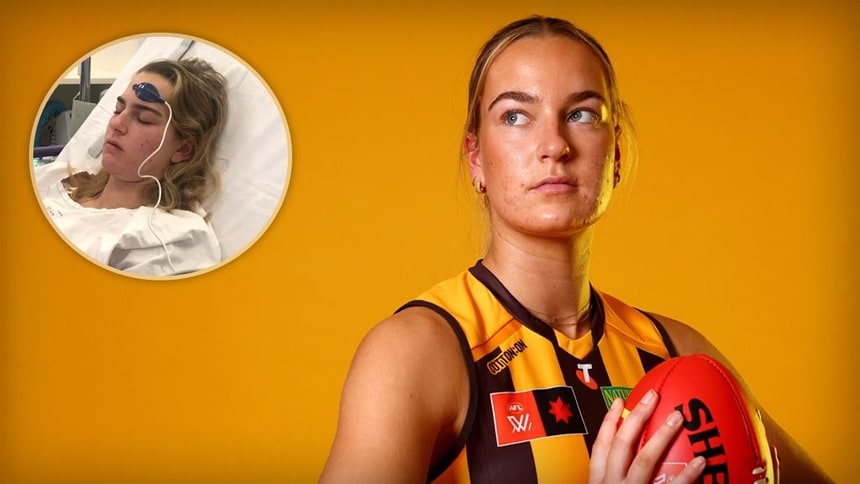 Lucy Wales poses for a photo during Hawthorn's official team photo day on July 7, 2025 and (inset) the Hawks ruck in hospital. Pictures: AFL Photos/Lucy Wales
