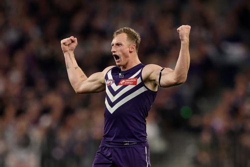 Josh Treacy celebrates during Fremantle’s win over Sydney