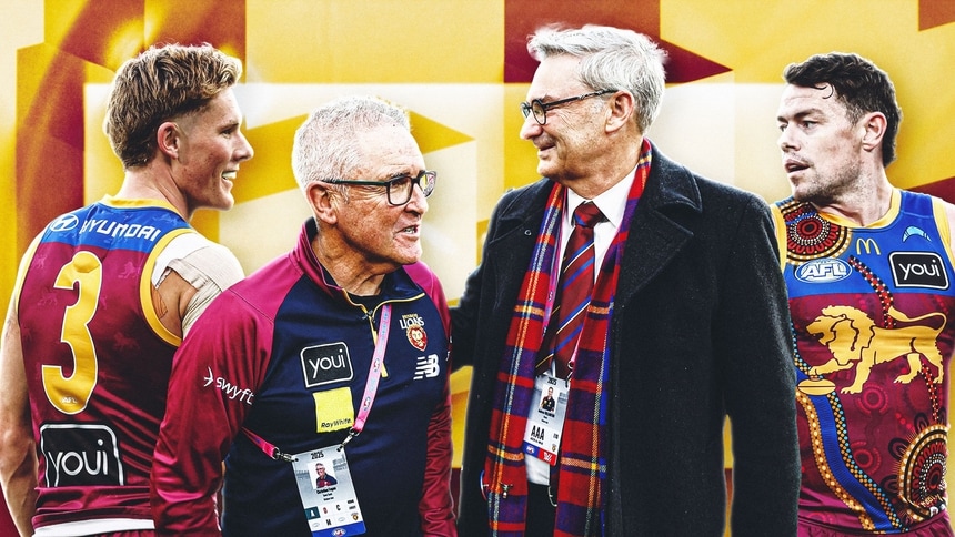 L-R: Brisbane Academy product Jaspa Fletcher; Chris Fagan and Andrew Wellington after the 2025 Grand Final; Lachie Neale. Pictures: AFL Photos