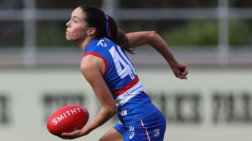 Jorja Livingstone of the Bulldogs in action during the 2026 VFLW Round 6 match between Western Bulldogs and Box Hill Hawks at Mission Whitten Oval. Picture: Rob Lawson/AFL Photos