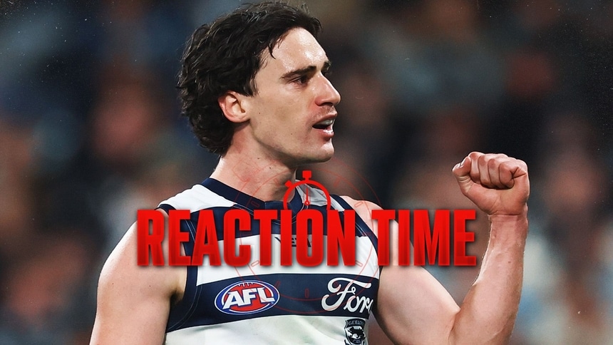 Gryan Miers celebrates a goal for Geelong against St Kilda in R19, 2026. Picture: AFL Photos
