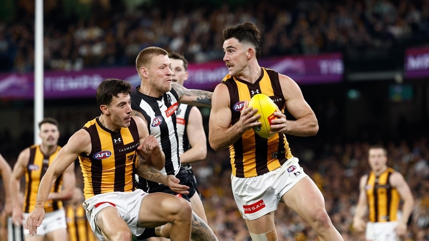 Jai Newcombe in action during Hawthorn's clash with Collingwood in round eight, 2026. Picture: AFL Photos