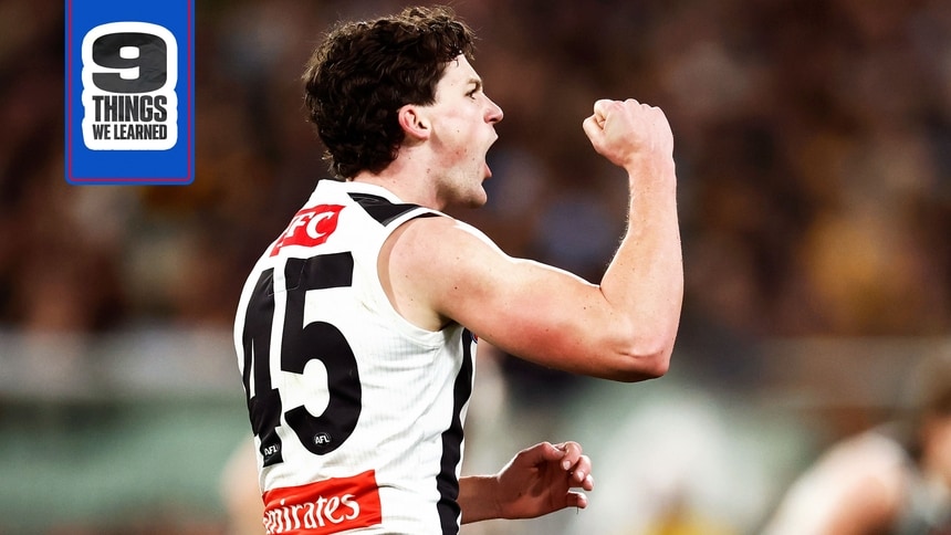 Roan Steele celebrates a goal for Collingwood against Hawthorn in R23, 2026. Picture: AFL Photos