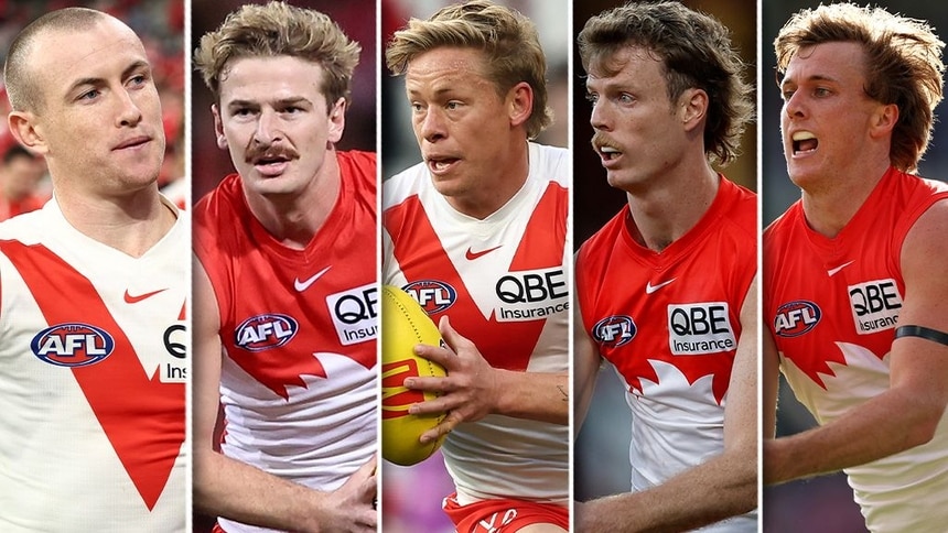 Chad Warner, Riley Bice, Isaac Heeney, Nick Blakey and James Jordon. Pictures: AFL Photos