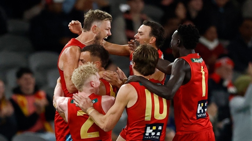Nick Holman celebrates a goal during Gold Coast's clash against St Kilda in round 24, 2026. Picture: AFL Photos
