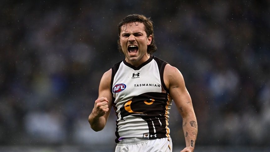 Nick Watson celebrates a goal during the Round 24 match between Hawthorn and West Coast at Optus Stadium on August 23, 2026. Picture: AFL Photos