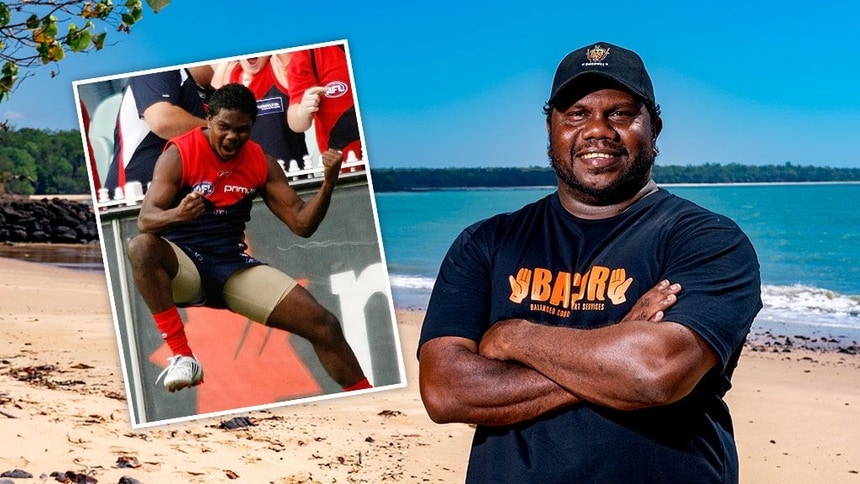 Austin Wonaeamirri on the Tiwi Islands in August 2026 and (inset) celebrating a goal against Fremantle in 2008. Pictures: Celina Whan, AFL Photos