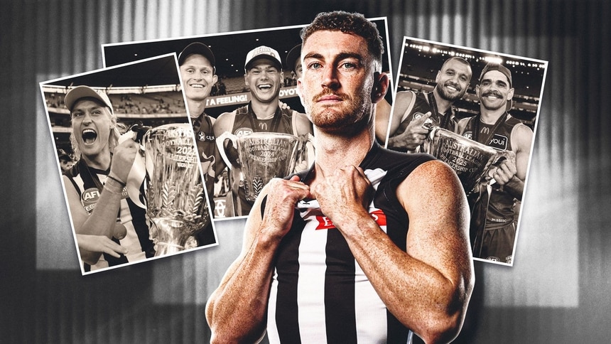 Dan McStay, surrounded by photos from the 2023, 2024 and 2025 premiership celebrations. Pictures: AFL Photos