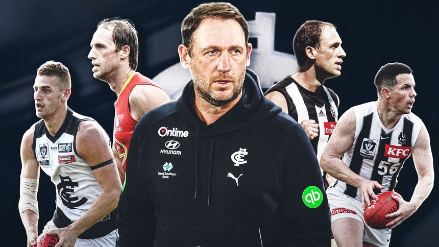 (L-R): Liam Jones in 2017; Josh Fraser at Gold Coast in 2011; Fraser as Carlton coach; Fraser at Collingwood in 2010; Tom Wilson in 2023. Pictures: AFL Photos