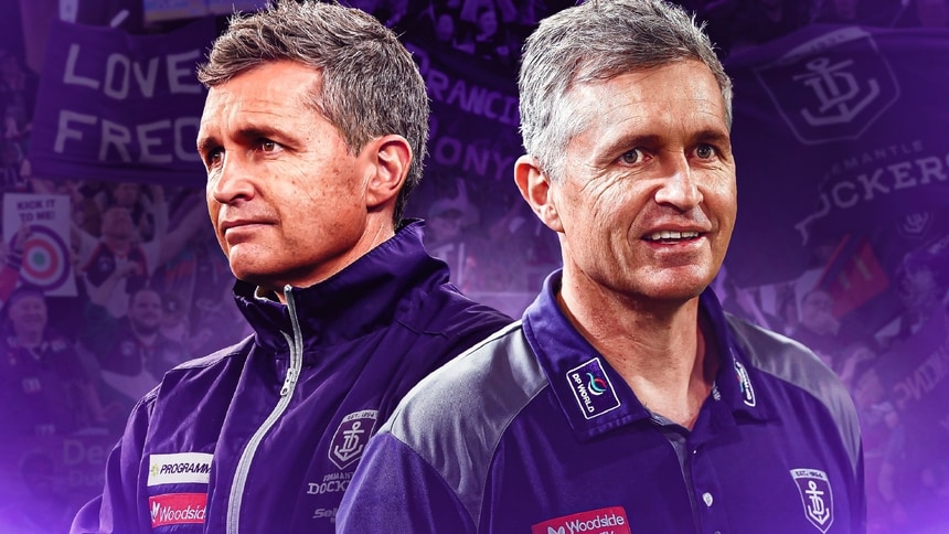 Fremantle coach Justin Longmuir in 2022 (left) and during the Dockers' dominant 2026 campaign. Pictures: AFL Photos. Design: LB Graphics