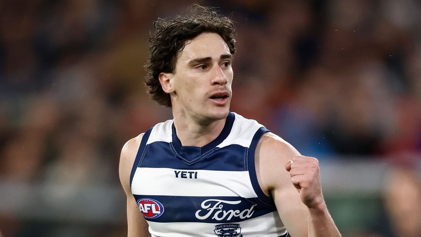 Gryan Miers celebrates during the elimination final between Geelong and Carlton at the MCG on September 4, 2026. Picture: AFL Photos