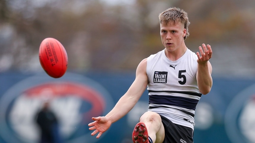 Harvie Cooke kicks the ball during the Talent League clash between the Northern Knights and Sandringham Dragons on September 5, 2026. Picture: AFL Photos
