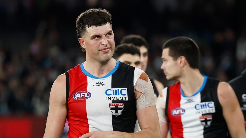 Rowan Marshall leaves the field after St Kilda's clash with Carlton in round 22, 2026. Picture: AFL Photos