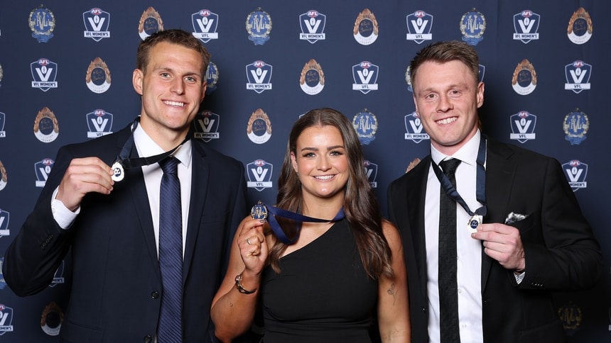 2026 J.J. Liston Trophy winners George Stevens and Trent Mynott and Lambert-Pearce Medal winner Emily Eaves. Picture: Morgan Hancock/AFL Photos