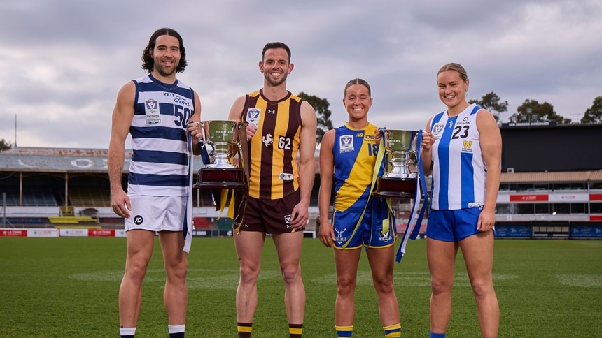 Dan Capiron of Geelong, Stu Horner of Box Hill Hawks, Eliza Straford of Williamstown and Renee Tierney of North Melbourne Werribee at the 2026 VFL/W Grand Final media opportunity at IKON Park. Picture: Graham Denholm/AFL Photos