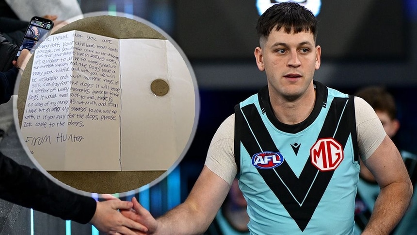 Zak Butters during the 2026 AFL season and (inset) a letter from 11-year-old Hunter. Picture: AFL Photos