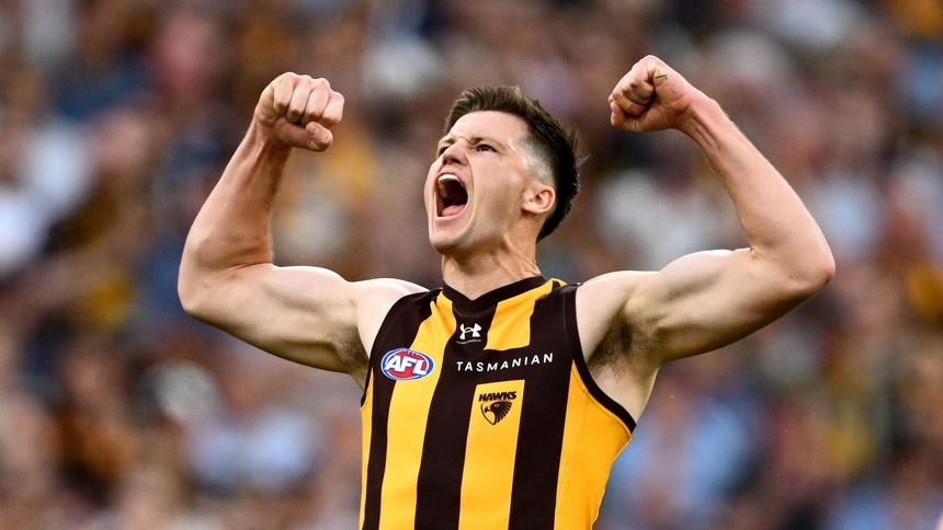 Mitch Lewis celebrates a goal during Hawthorn's preliminary final against Brisbane on September 19, 2026. Picture: Getty Images