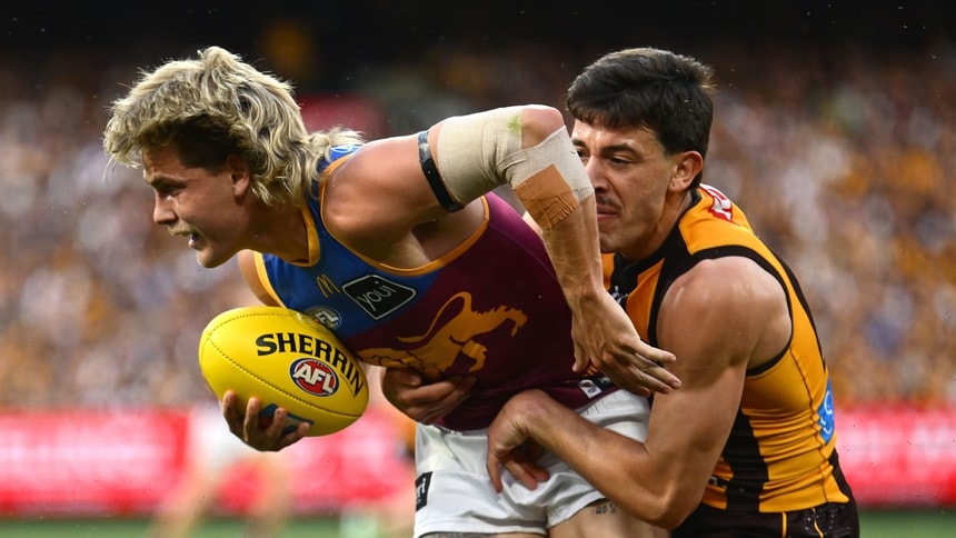 Massimo D'Ambrosio tackles Will Ashcroft during Hawthorn's preliminary final against Brisbane on September 19, 2026. Picture: Getty Images