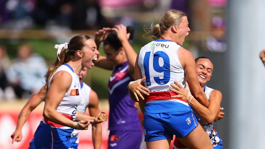Heidi Woodley celebrates during round six between Fremantle and Western Bulldogs at Cockburn ARC Oval, September 19, 2026. Picture: Getty Images