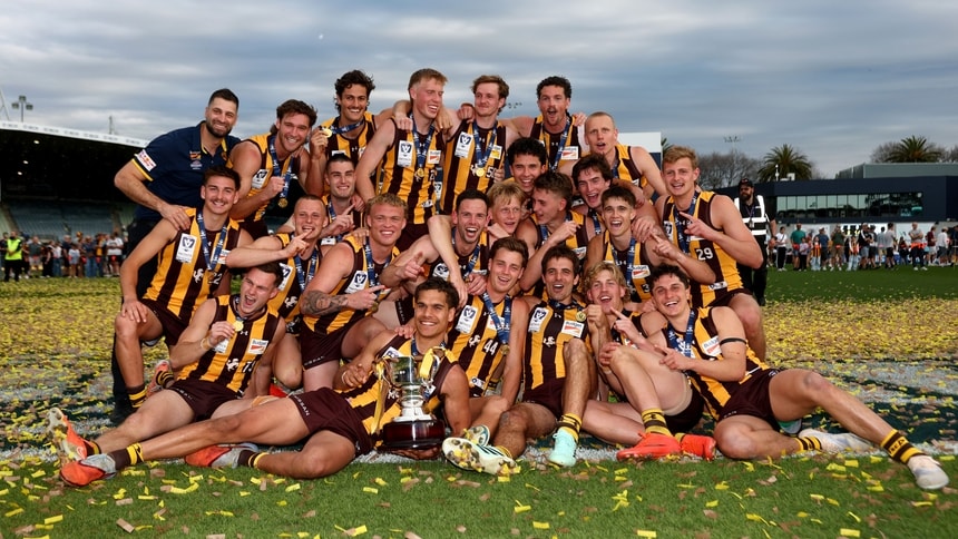 Box Hill Hawks players celebrate winning the 2026 Smithy's VFL premiership. Picture: Josh Chadwick/AFL Photos