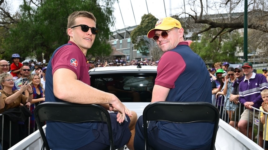 Ty Gallop and Lachie Neale are seen during the Grand Final parade on September 25, 2026. Picture: Getty Images