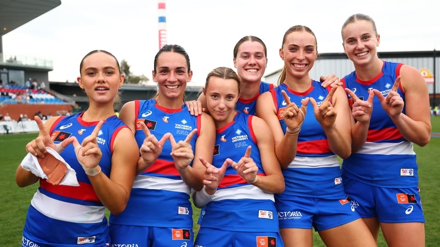 Western Bulldogs players celebrate a win during round seven, 2026. Picture: AFL Photos/Getty Images
