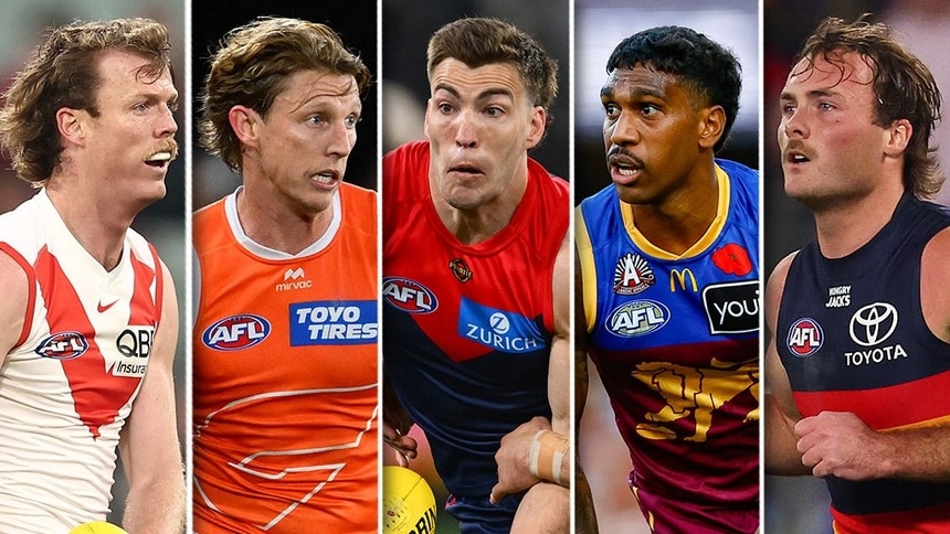 Nick Blakey, Lachie Whitfield, Jack Viney, Keidean Coleman and Luke Pedlar all found new homes during the 2026 Continental Tyres AFL Trade Period. Pictures: AFL Photos