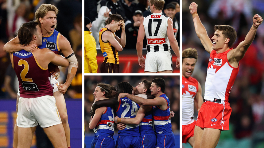 (Clockwise from left): Will Ashcroft and Sam Draper celebrate, Dylan Moore is seen after Hawthorn's draw with Collingwood, Jai Serong celebrates and the Western Bulldogs celebrate. Pictures: AFL Photos