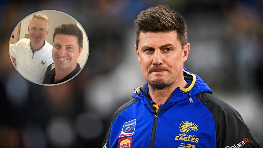 Andrew McQualter is seen during West Coast's clash against Essendon in round 12, 2026 and (inset) alongside Golden State Warriors coach Steve Kerr. Picture: AFL Photos