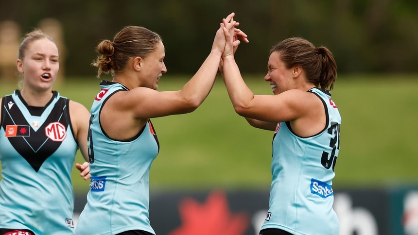 Abbey Dowrick (left) and Kirsty Lamb celebrate a goal during round 12, 2026. Picture: AFL Photos